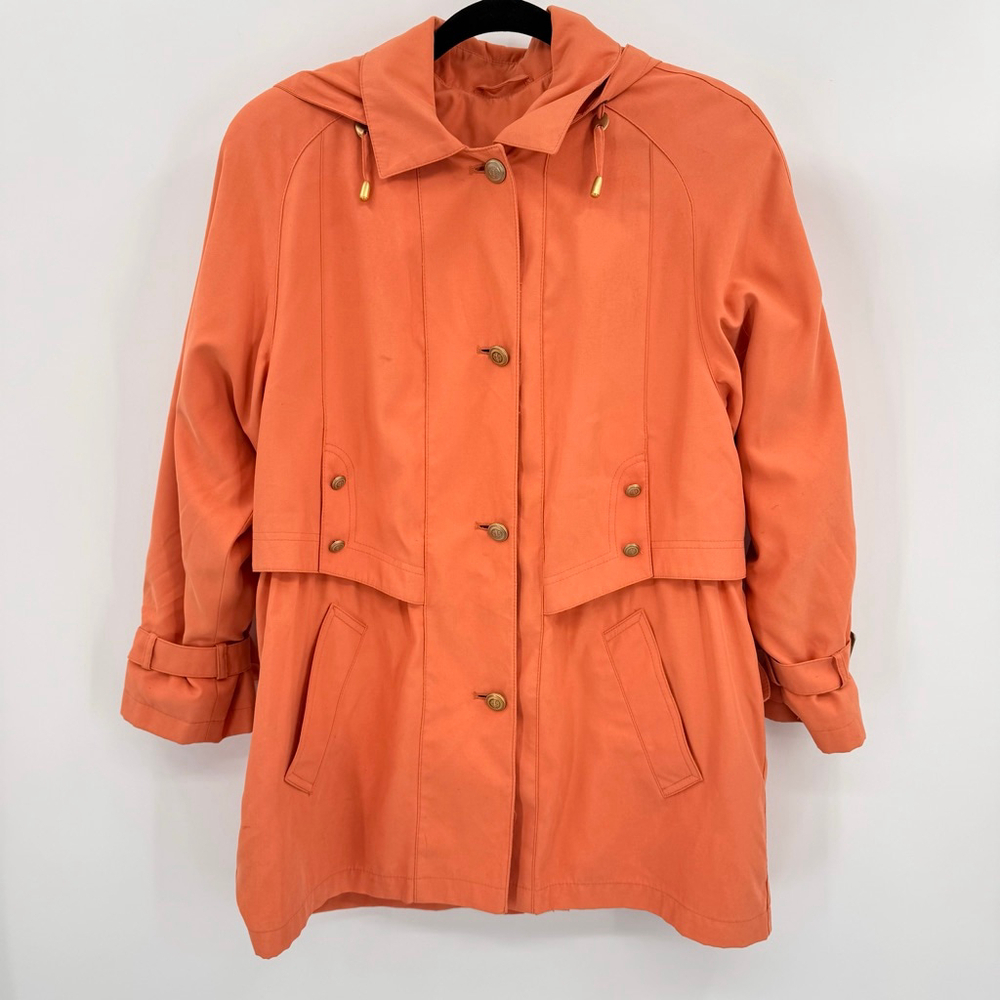 Vintage 80s Orange Hooded Trench Coat Rain Jacket Gallery Fits size Medium